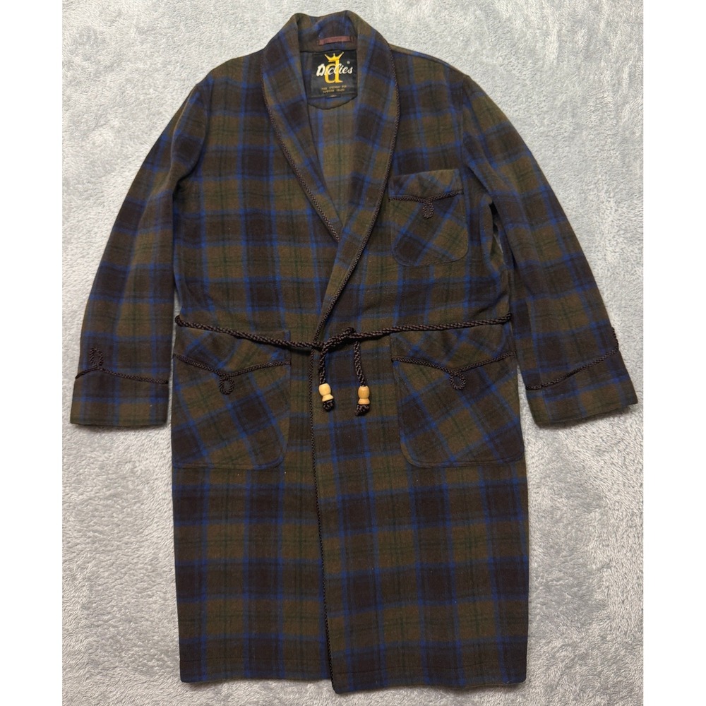 Vintage 1940s 1950s Didies Robe Mens L Blue Brown Plaid Wool Braided Trim Belted